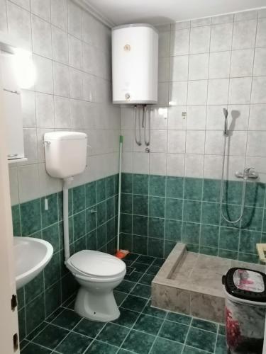 ein Badezimmer mit Toilette, Waschbecken und Dusche in der Unterkunft Apartman KIKA in Sombor