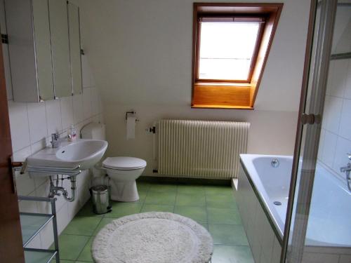 a bathroom with a sink and a toilet and a window at Ferienwohnung Günther in Lauf an der Pegnitz