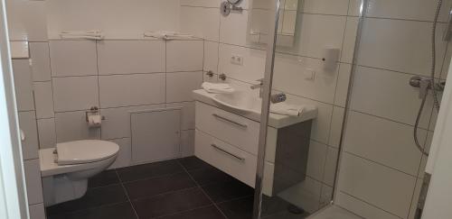 y baño con aseo, lavabo y ducha. en Nibelungen - Ferienwohnungen - Worms - Apartments, en Worms