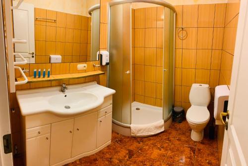 a bathroom with a sink and a shower and a toilet at Gościniec Skwierzyna in Skwierzyna