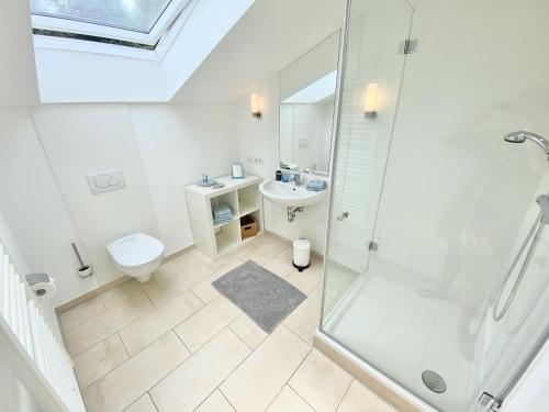 a bathroom with a shower and a toilet and a sink at Auszeit im Chiemgau, Ferienwohnungen in Rottau