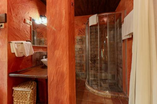 a bathroom with a shower and a sink at Puchner Kastélyszálló in Bikal