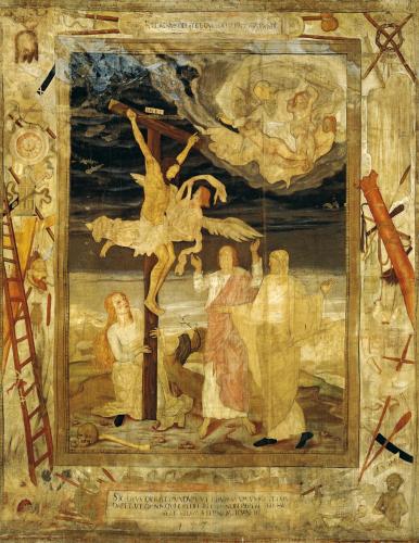 a painting on the wall of a room with a group of people at Hotel Oybiner Hof in Kurort Oybin