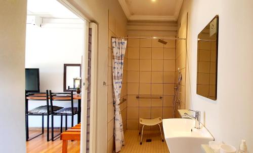 a small bathroom with a sink and a shower at Dive Inn Guesthouse in Pongola