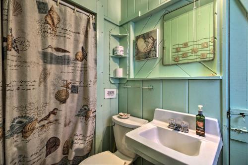 a bathroom with a sink and a toilet and a shower curtain at Pet-Friendly Beachfront Dent Cabin w/ Grill! in Dent