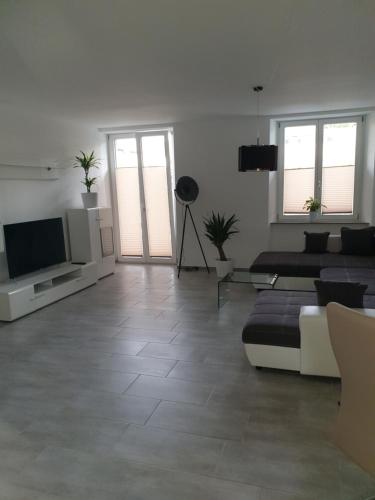 a living room with a couch and a flat screen tv at Business Apartment Turgi in Turgi