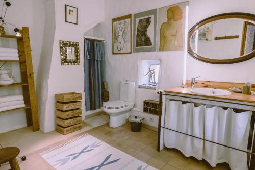 a bathroom with a toilet and a sink and a mirror at Can Recó, casa bohemia en el campo in Sant Llorenç des Cardassar