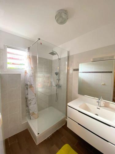 a bathroom with a shower and a sink at DOUC IRMA in Les Trois-Îlets