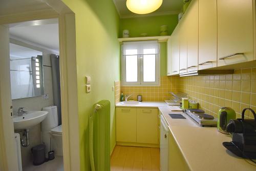 een groene en witte keuken met een wastafel en een toilet bij Check Point - Plaka in Athene