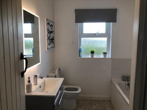 La salle de bains est pourvue d'un lavabo, de toilettes et d'une fenêtre. dans l'établissement Nanny Willow's Cottage, à Portballintrae