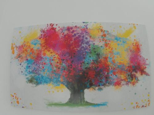 a painting of a colorful tree on a white background at Au bonheur des Anes - Gite Maya in Le Quesnoy-en-Santerre