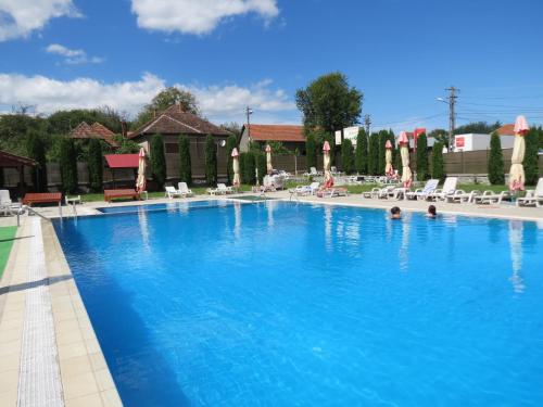 a large blue swimming pool with lounge chairs and umbrellas at Pensiunea Cetina in Brad