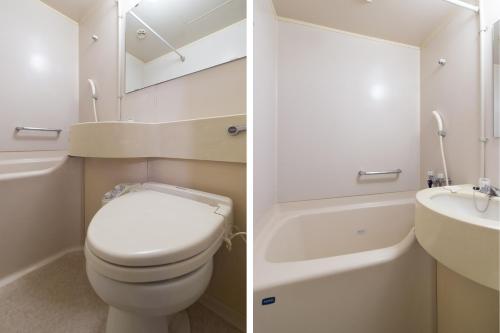 two pictures of a bathroom with a toilet and a sink at Tabist Hotel Tetora Kitakyushu in Kitakyushu
