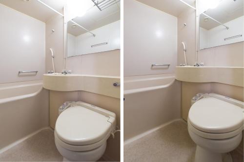 two pictures of a bathroom with a toilet and a mirror at Tabist Hotel Tetora Kitakyushu in Kitakyushu