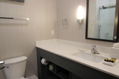 a bathroom with a toilet, sink and mirror at Best Western Plus Prince George in Prince George