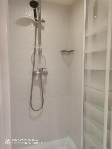 een douche met een douchekop in de badkamer bij Appartement quartier du vieux port de Bastia in Bastia