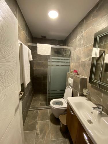 a bathroom with a toilet and a sink at Hotel Kolonja's in Debar