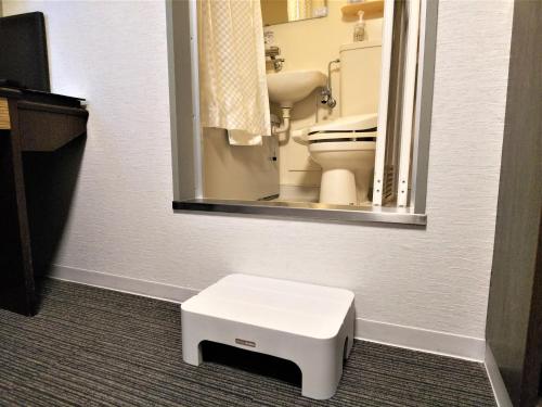 a bathroom with a toilet and a mirror at Hotel AreaOne Nobeoka in Nobeoka
