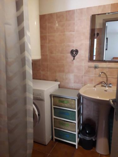 uma casa de banho com um lavatório e uma máquina de lavar roupa em Appartement calme à deux pas de la mer em Saintes-Maries-de-la-Mer