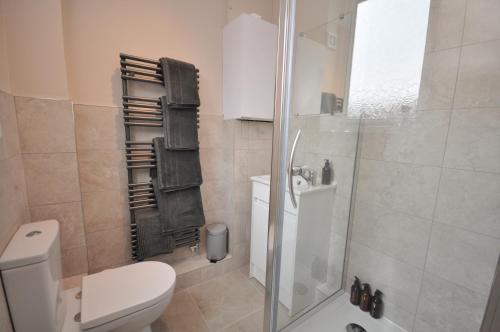 een badkamer met een toilet en een glazen douche bij Sixteen B in York