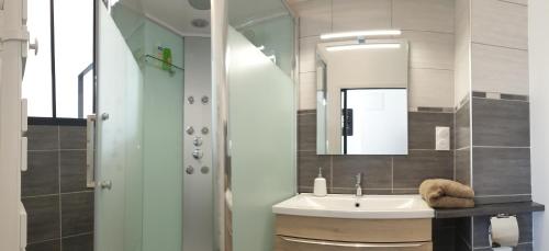 a bathroom with a sink and a mirror at Le studio des talents au coeur de Chaumont in Chaumont