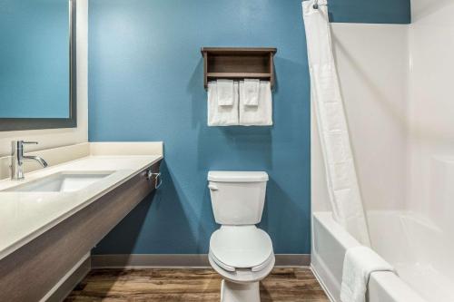 a bathroom with a toilet and a sink and a tub at WoodSpring Suites Greenville Haywood Mall in Greenville