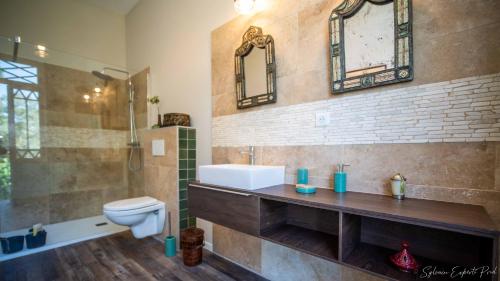 a bathroom with a sink and a toilet and a mirror at I love Bergerac in Bergerac