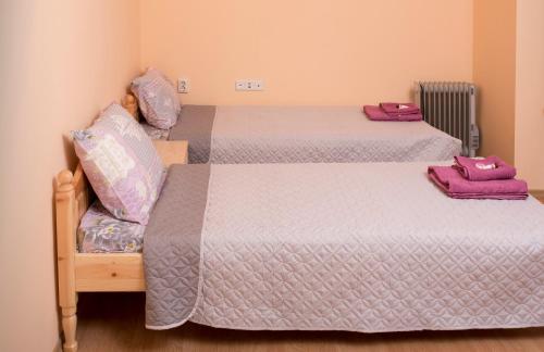 two beds in a room with purple sheets at The Sunny Guest House of Veliko Tarnovo-Amazing View, Top Location in Veliko Tŭrnovo