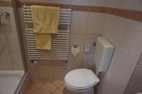 a bathroom with a toilet and a tub and a towel at Landgasthof “Zur Alten Mühle“ in Plaidt