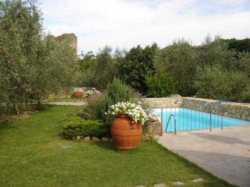 un grand pot de fleurs à côté de la piscine dans l'établissement Romantik Hotel Monteriggioni, à Monteriggioni