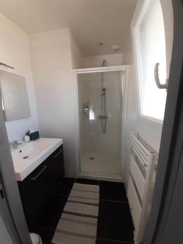 a white bathroom with a shower and a sink at Chambre d'hôtes Les Joncs in Brax