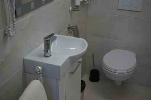 a white bathroom with a sink and a toilet at Landgasthof “Zur Alten Mühle“ in Plaidt