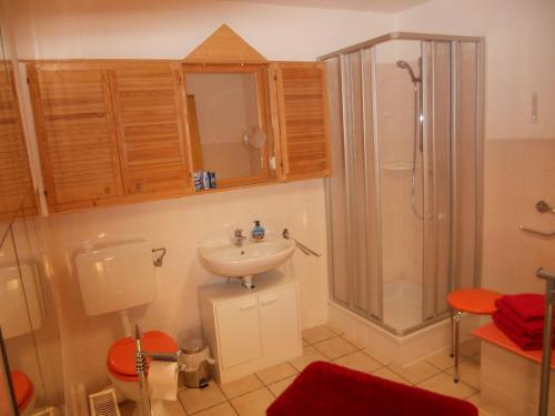 W łazience znajduje się prysznic i umywalka. w obiekcie Familienpension Erfurt w mieście Erfurt