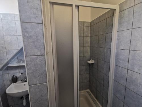 a shower with a glass door next to a sink at Country Vendégház in Szilvásvárad