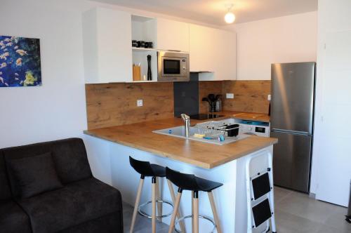 a kitchen with a counter with a sink and a refrigerator at Appartement avec grande terrasse vue sur mer in Banyuls-sur-Mer