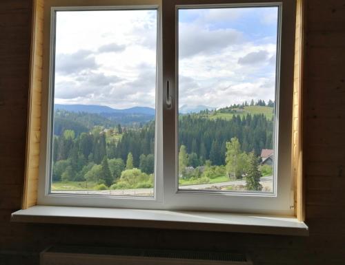 a window with a view of a forest of trees at Marichka in Yablunytsya
