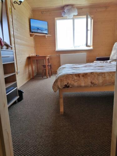 a bedroom with a bed and a desk and a television at Marichka in Yablunytsya