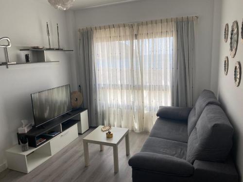 - un salon avec un canapé et une télévision dans l'établissement Apartamentos Candelarita, à Gran Tarajal