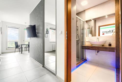 a bathroom with a sink and a mirror at Top Oder Apartments- private parking in Szczecin