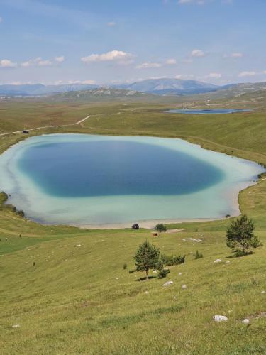 a large blue lake in the middle of a field at Holiday Home Vile Calimero in Žabljak