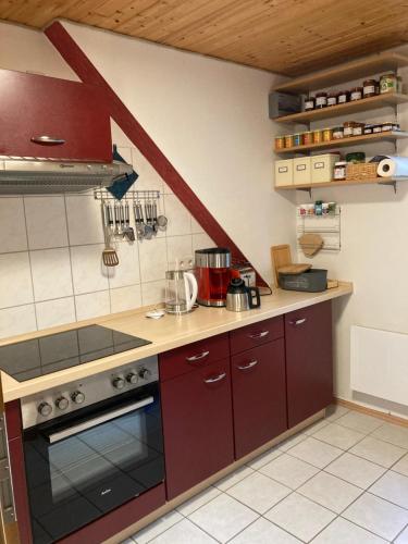 a kitchen with red cabinets and a stove at Haus Wald und Wiese Wohnung Wiese in Ehndorf