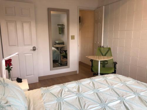 1 dormitorio con cama, espejo y mesa en Hyde Park Modern Private Room - Near Univ of Chicago en Chicago