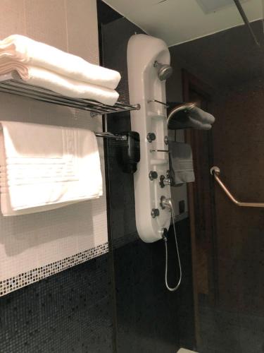 y baño con ducha y dispensador de toallas. en HOTEL V.CIUDAD, en Aranda de Duero