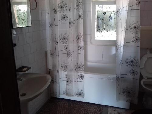 a bathroom with a shower curtain and a sink at Marko Apartments in Struga