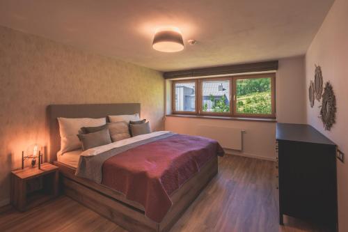 een slaapkamer met een groot bed en een raam bij Apartman Central Ski & Bike in Janske Lazne