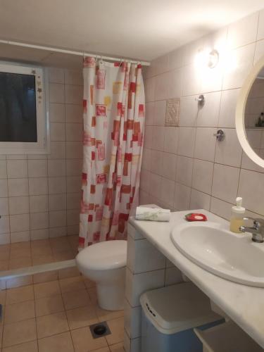 a bathroom with a toilet and a sink at Cozy stone house in Sikéa