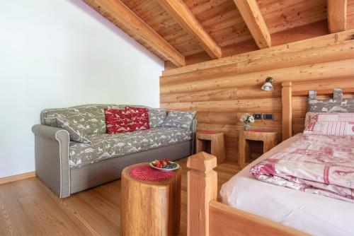 ein Wohnzimmer mit einem Sofa und einem Bett in der Unterkunft Agriturismo Maso Grisun in Borzago