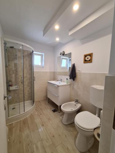 een badkamer met een douche, een toilet en een wastafel bij SimpliCity Apartament in Tulcea