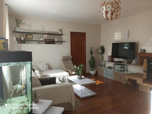 a living room with a couch and a fish tank at La campagne dans la ville , maison d'hôtes in Saint-Denis