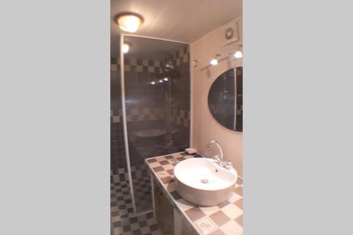 uma casa de banho com um lavatório e um chuveiro com um espelho. em Gîte 3 étoiles 300m plage piscine privée grand jardin em Châtelaillon-Plage